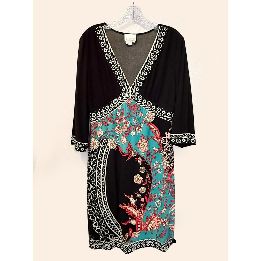 Donna Morgan Floral Dress Small Boho Black Teal Midi 3/4 Sleeve